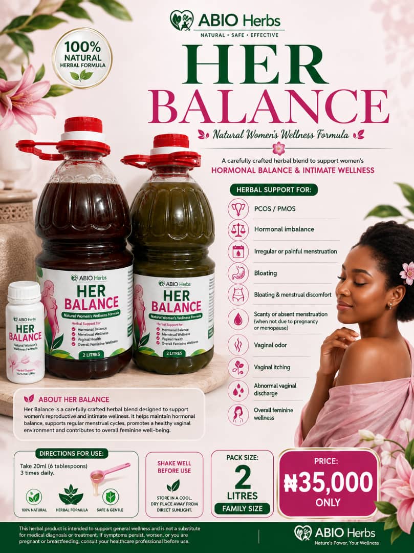 ABIO Her Balance product label — two bottles, one dark red and one green